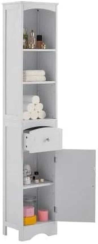 White Tall Freestanding Bathroom Cabinet with Drawer and Adjustable Shelves D95565