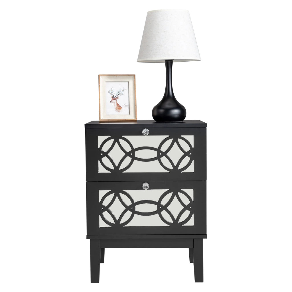 Black Modern Bedside Table with Storage Drawers and Smoked Mirror R690