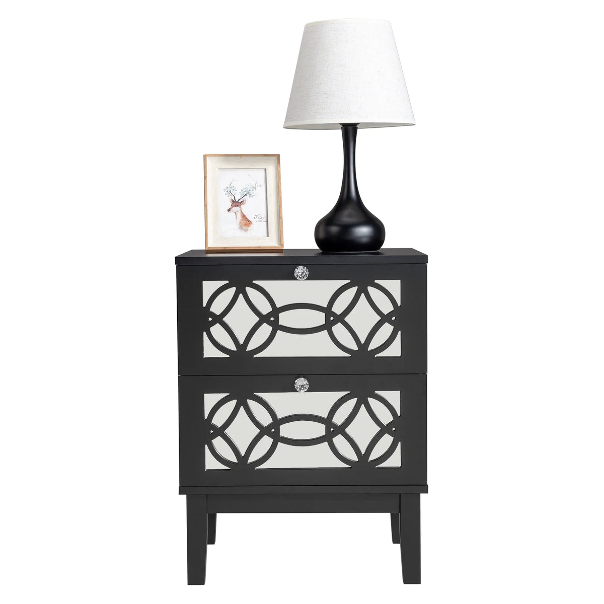 Black Modern Bedside Table with Storage Drawers and Smoked Mirror R690