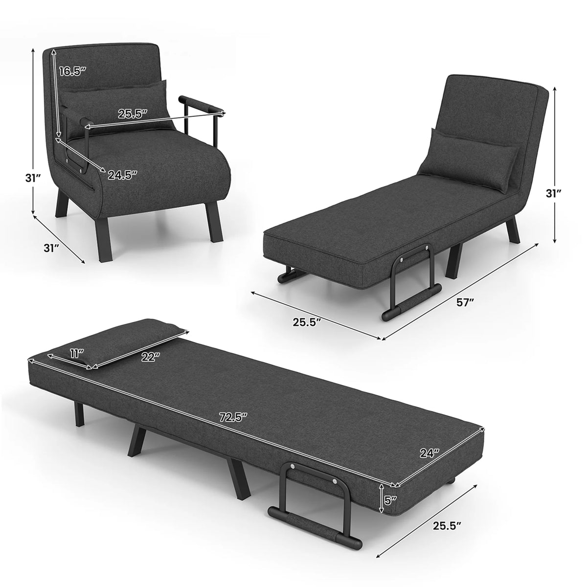 Gray Convertible Sleeper Bed Armchair K191