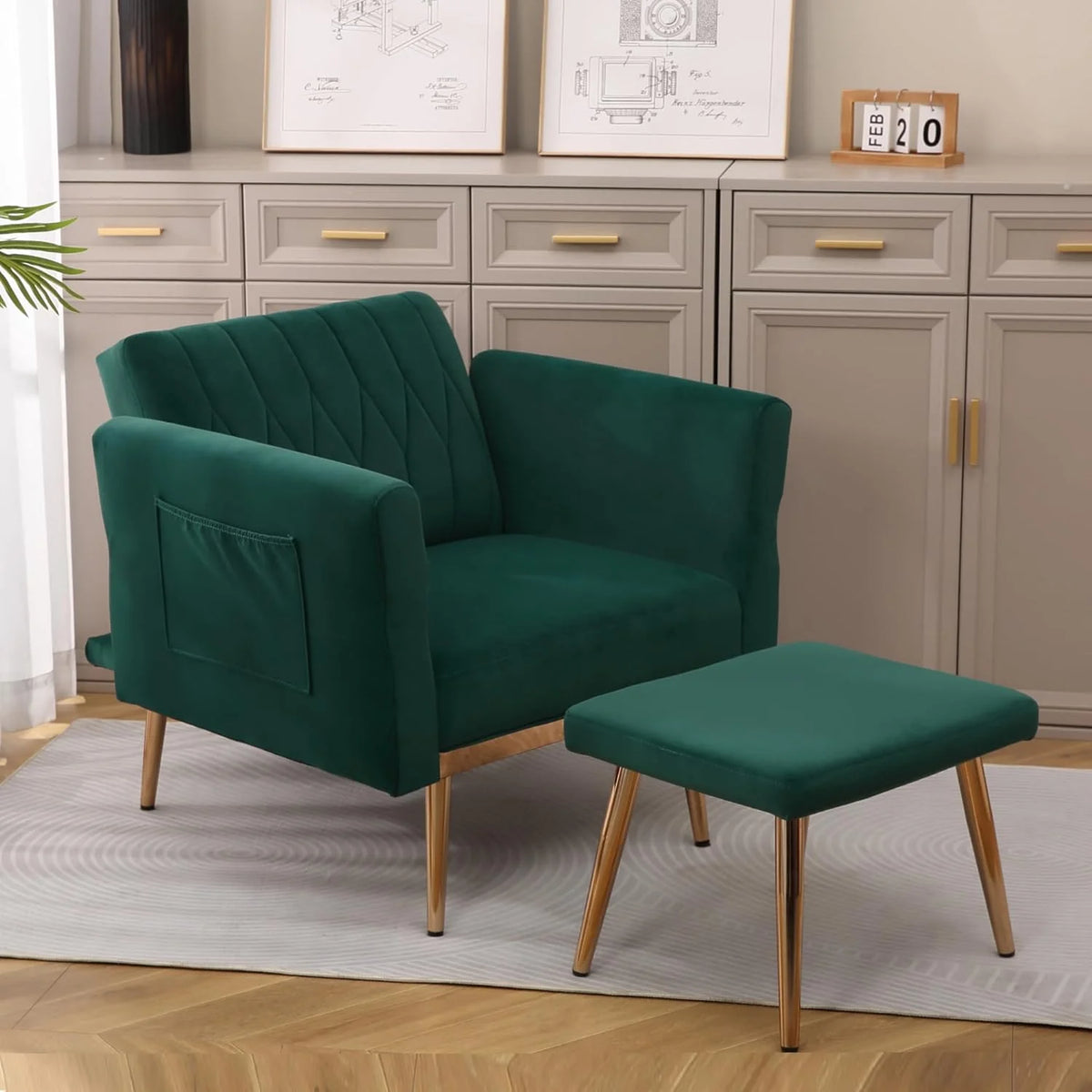 Dark Green Velvet 2 in 1 Accent Chair with Ottoman B169840