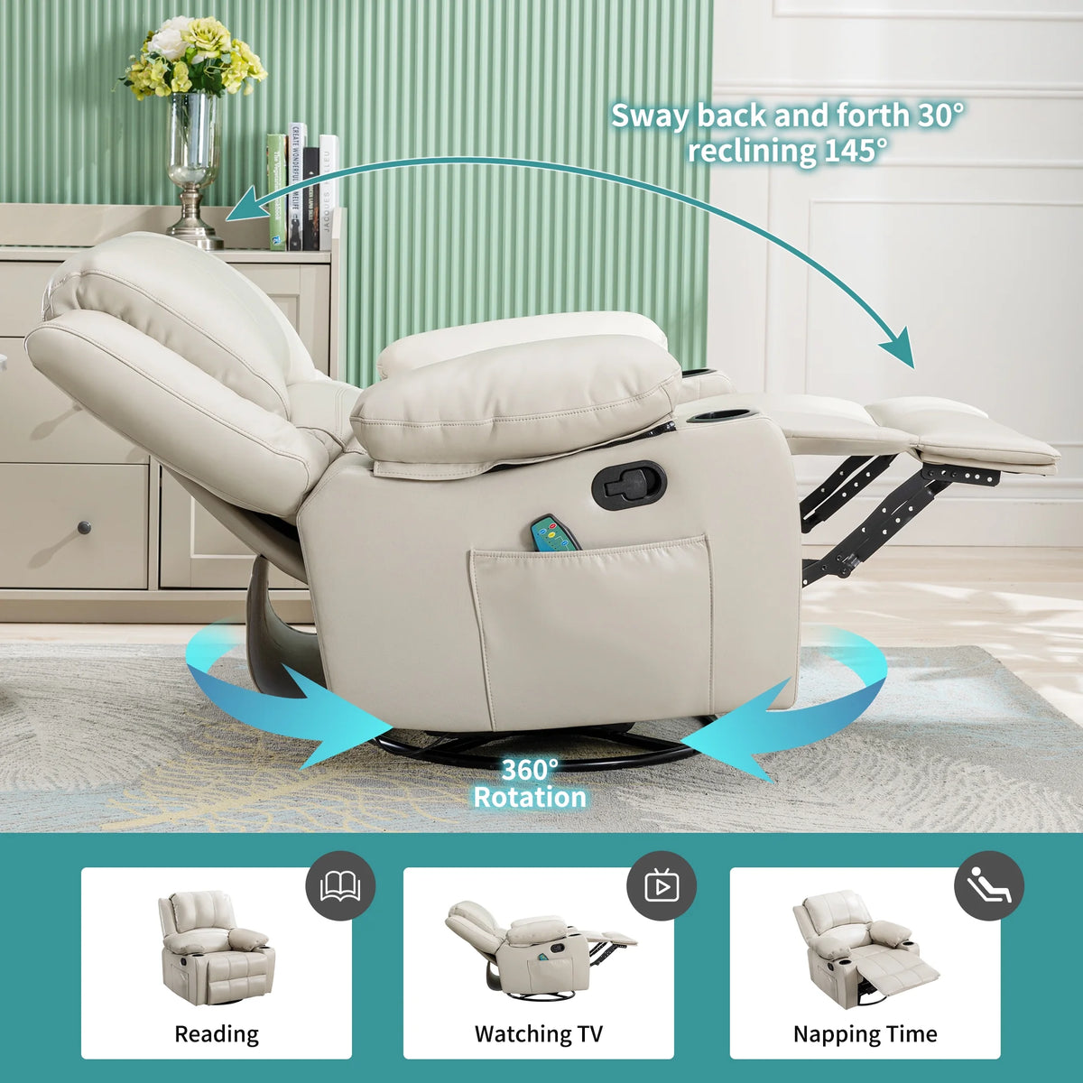 38.19" Wide Manual Swivel Rocker Recliner Chair with Massager and Heat L925013