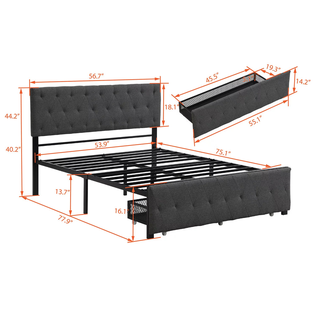 Beige Twin Size Metal Platform Bed with Linen Upholstered Headboard and Storage Drawer Q509652