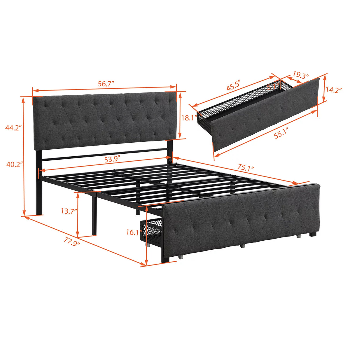 Beige Twin Size Metal Platform Bed with Linen Upholstered Headboard and Storage Drawer Q509652