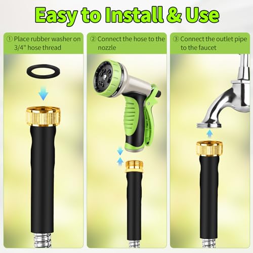 50FT Stainless Steel Heavy Duty Garden Hose with 10 Function Nozzle F222