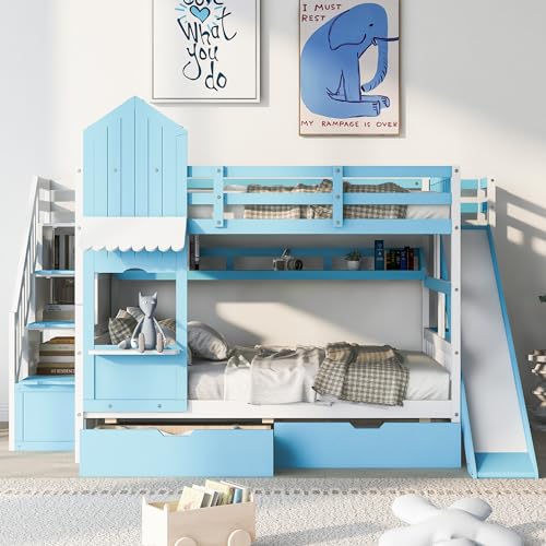 Full Over Full Solid Wood Bunk Bed with Slide and Storage Staircase N460
