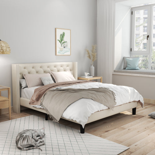 Queen Size Beige Upholstered Platform Bed with Slat Support Y237728