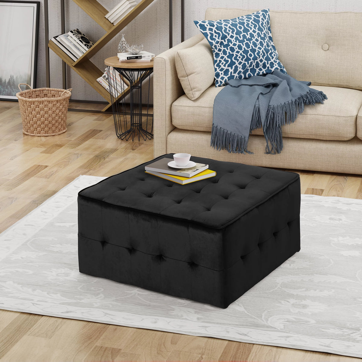 Black Velvet Tufted Ottoman I4195