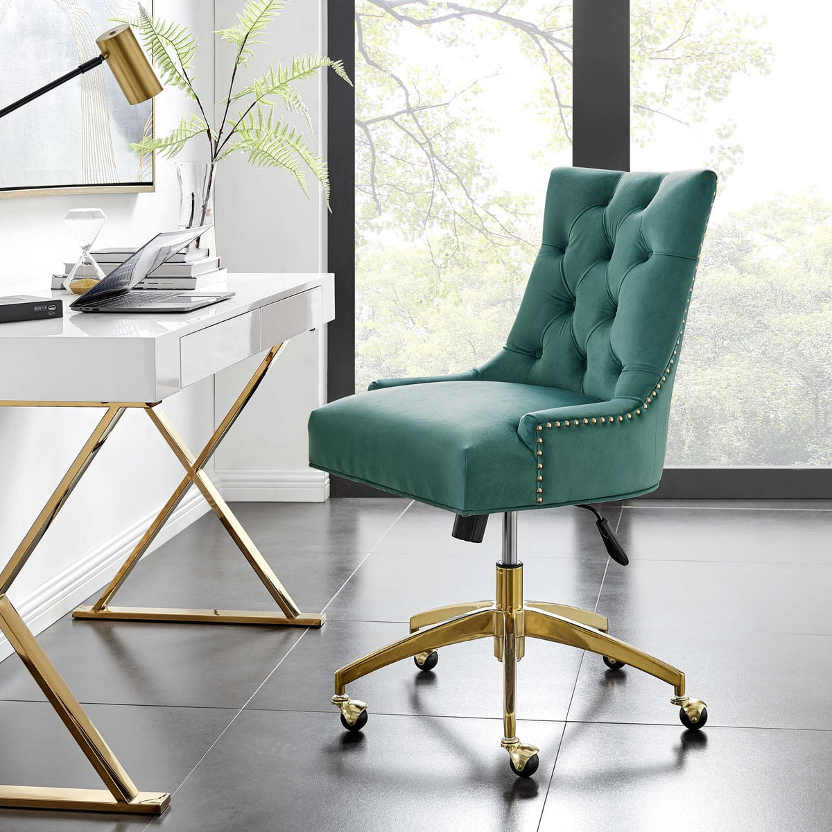 Velvet Gold Teal Blue Tufted Chair B68306
