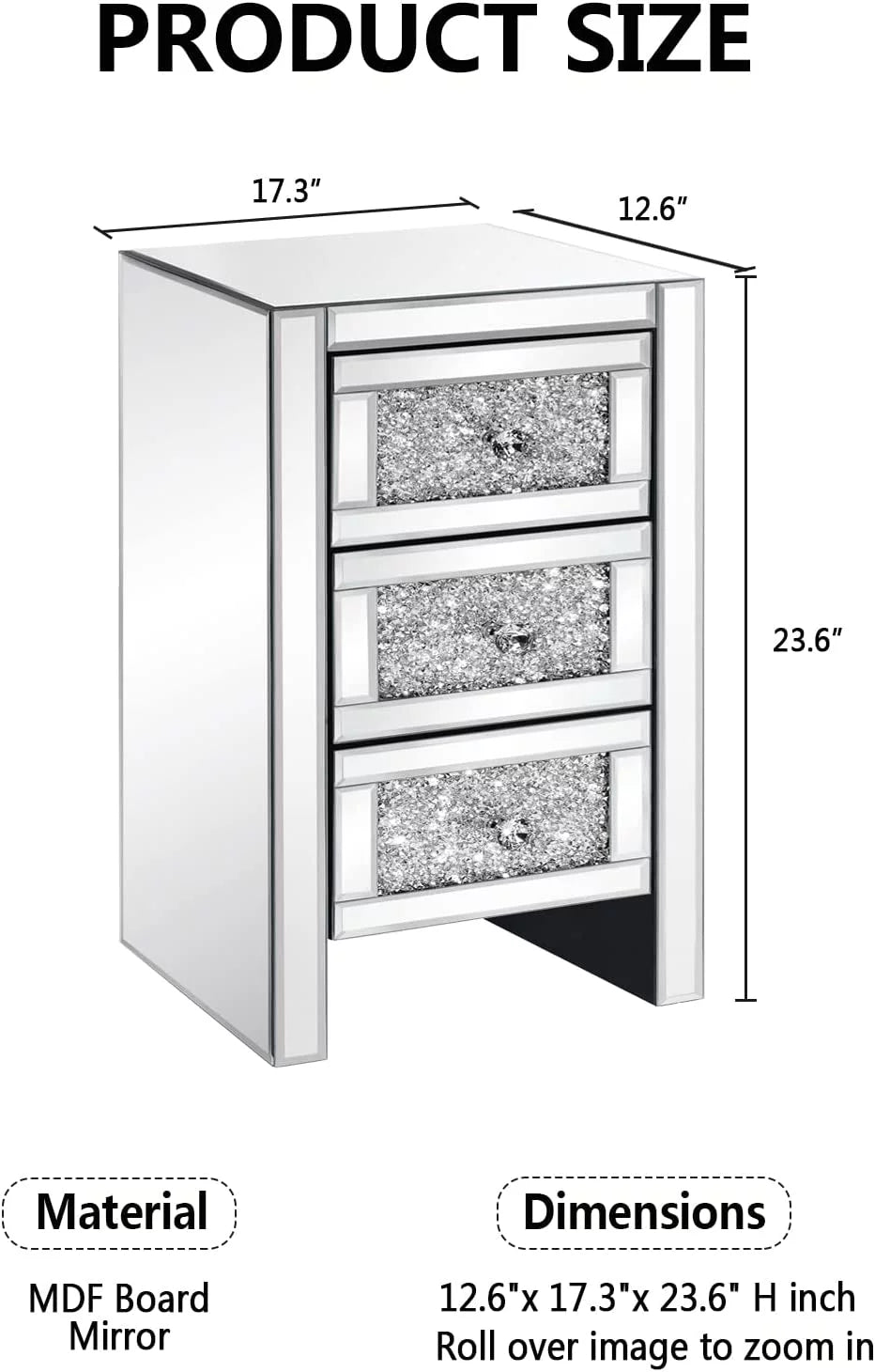 Mirrored 3-Drawer Crystal Nightstand Y3915