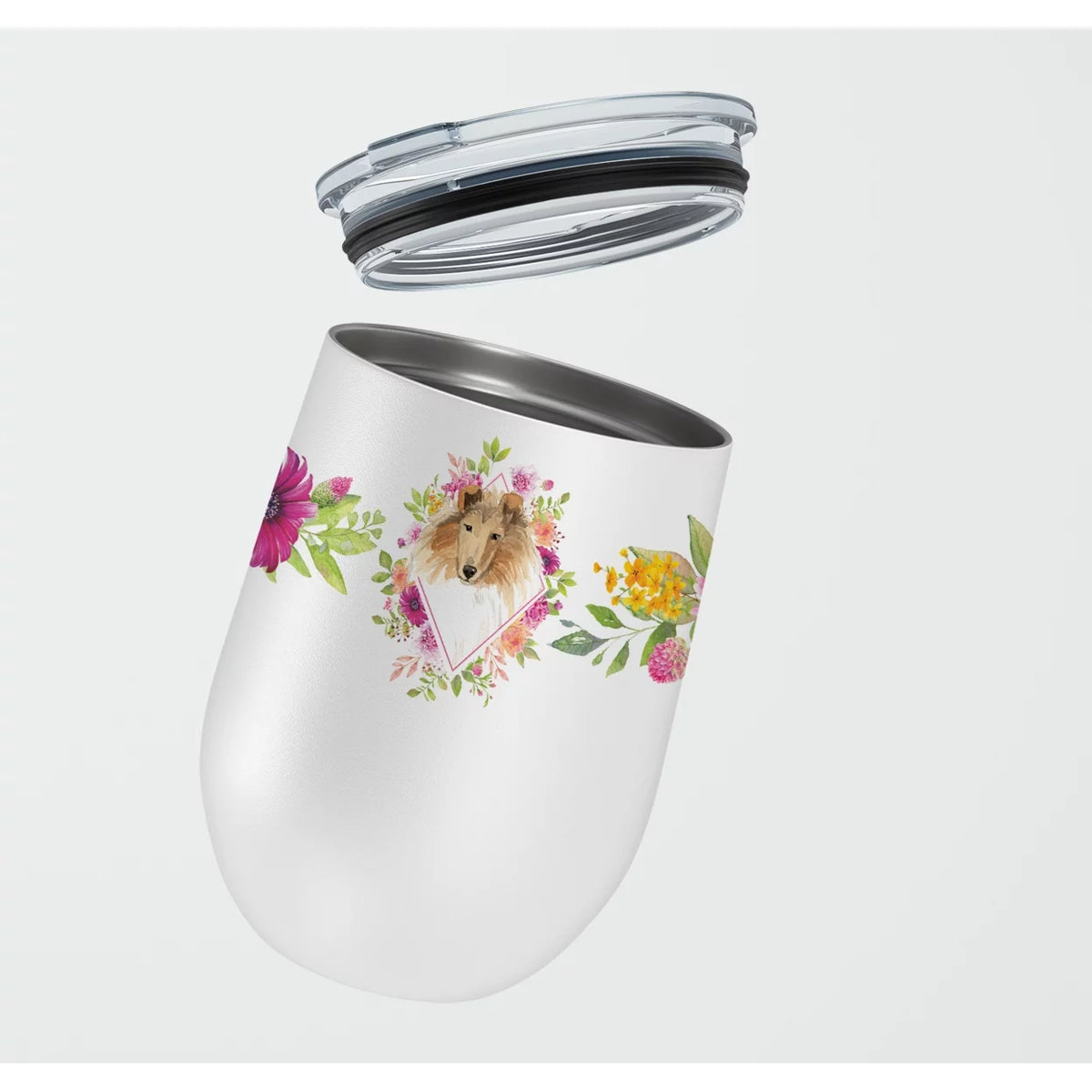 Collie Pink Flowers Stainless Steel 12 oz Stemless Wine Glass W1000