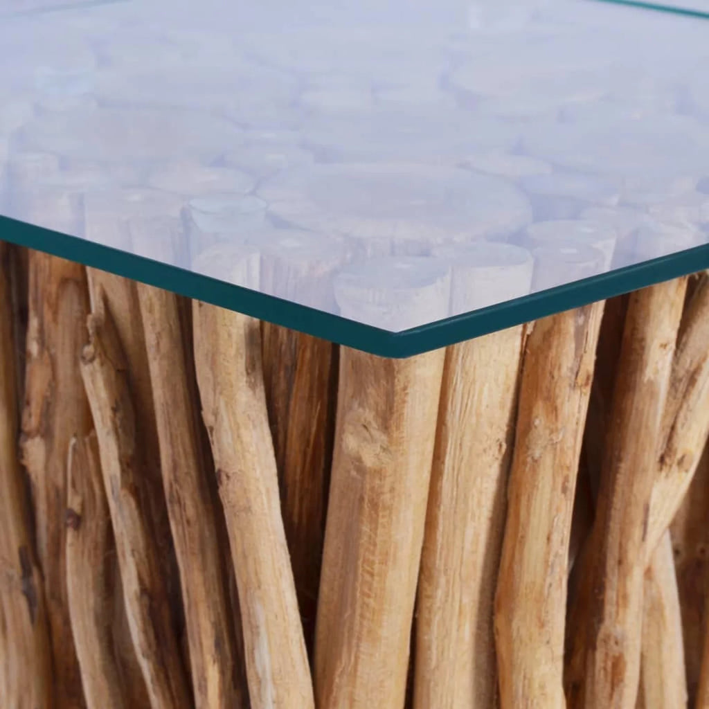 Coffee Table Glass Tabletop with Teak Wood Base C812348