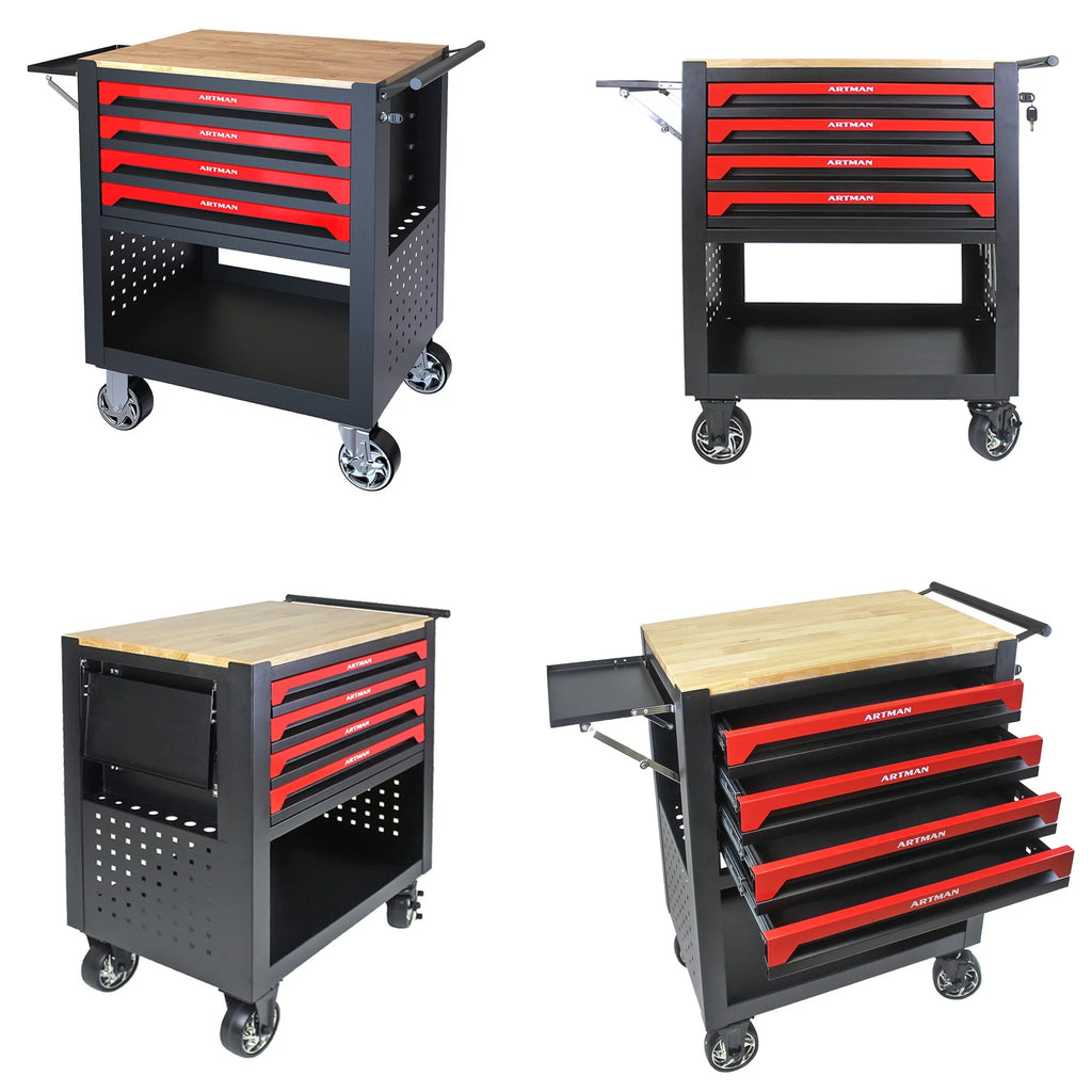 4-Tier Rolling Tool Cart with Cabinet and Wooden Top T3880