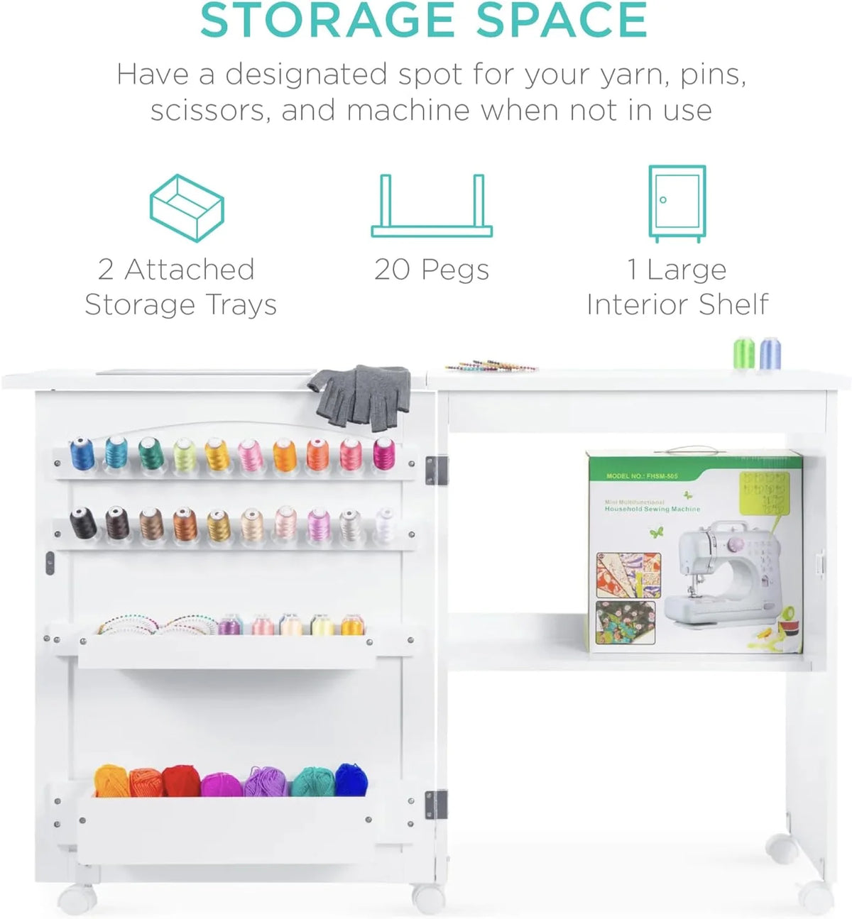 Folding Sewing Table Craft Station with Wheels Shelves Storage Trays G55694