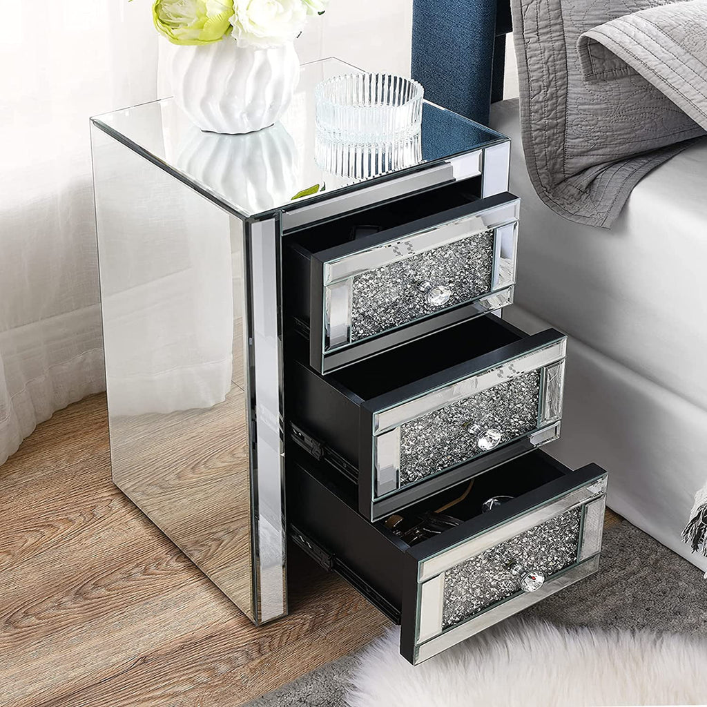 Mirrored 3-Drawer Crystal Nightstand Y3915