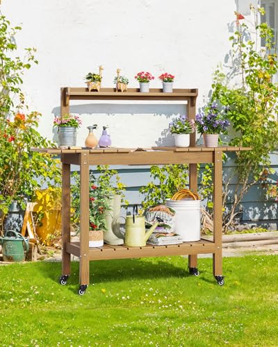 Outdoor Potting Bench with Sliding Tabletop, 4 Wheels, Removable Sink Q3013