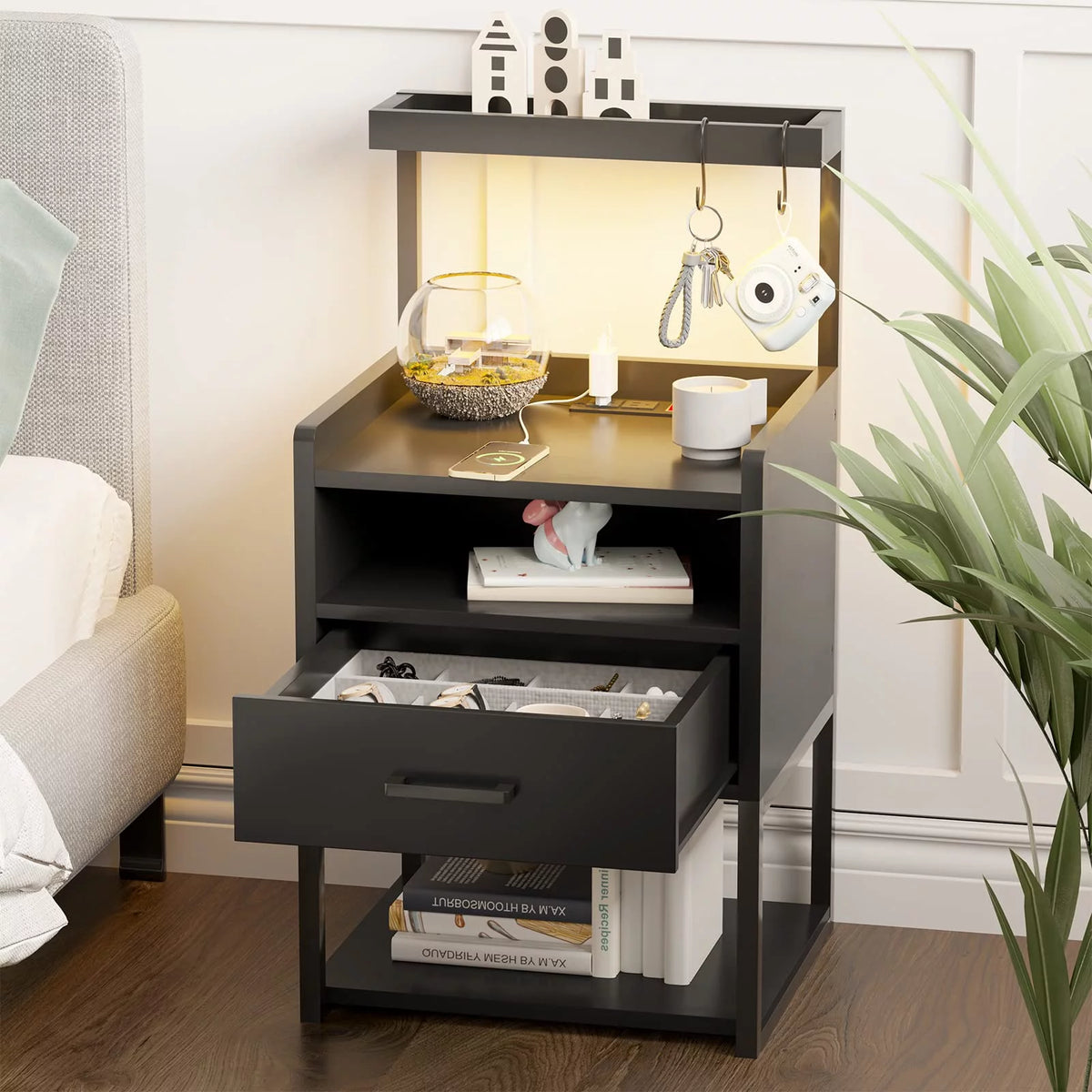Black Nightstand with Charging Station and LED Lights B2726