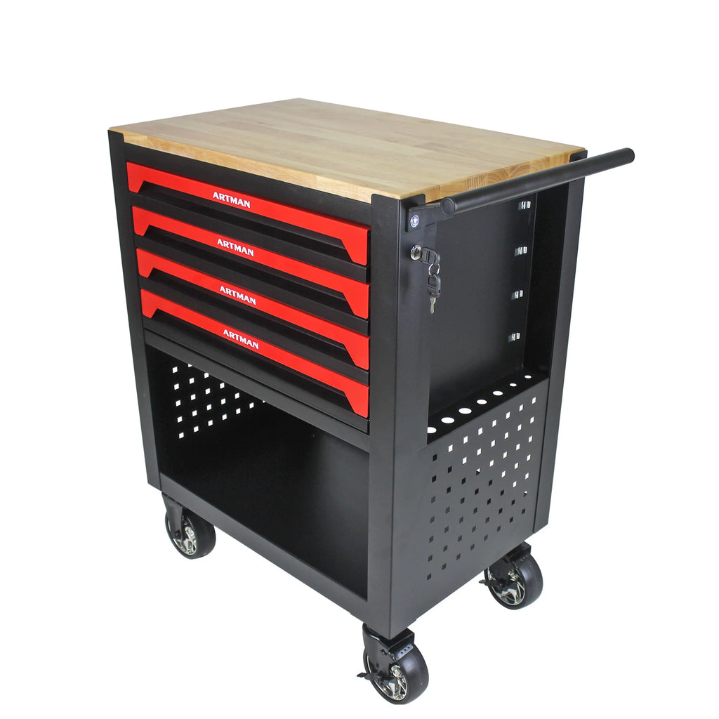 4-Tier Rolling Tool Cart with Cabinet and Wooden Top T3880
