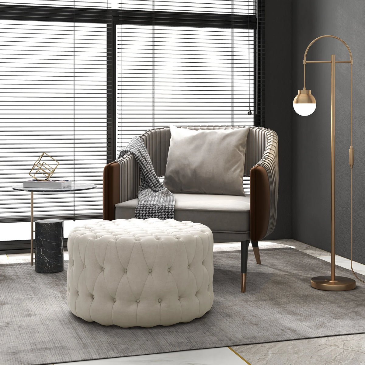 Beige Velvet-Feel Tufted Ottoman N171726