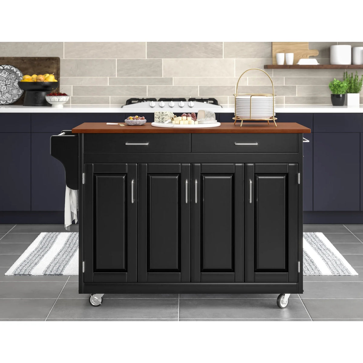 Black Solid Wood Kitchen Cart with Cherry Wood Top A10459